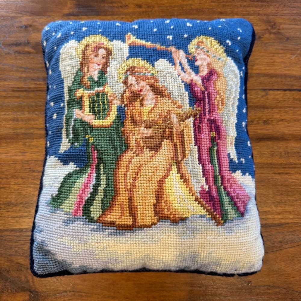 Angel Needlepoint Musical Pillow Harp Lute Trumpet Horn Velvet 10x12 Christmas